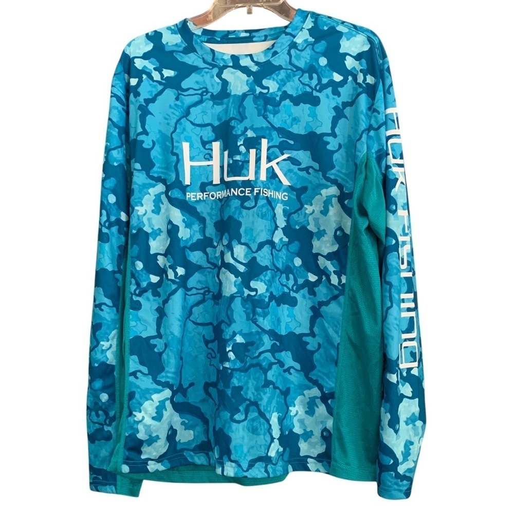 Huk Icon X Blue Camo Performance Long Sleeve Fishing Shirt Sz L